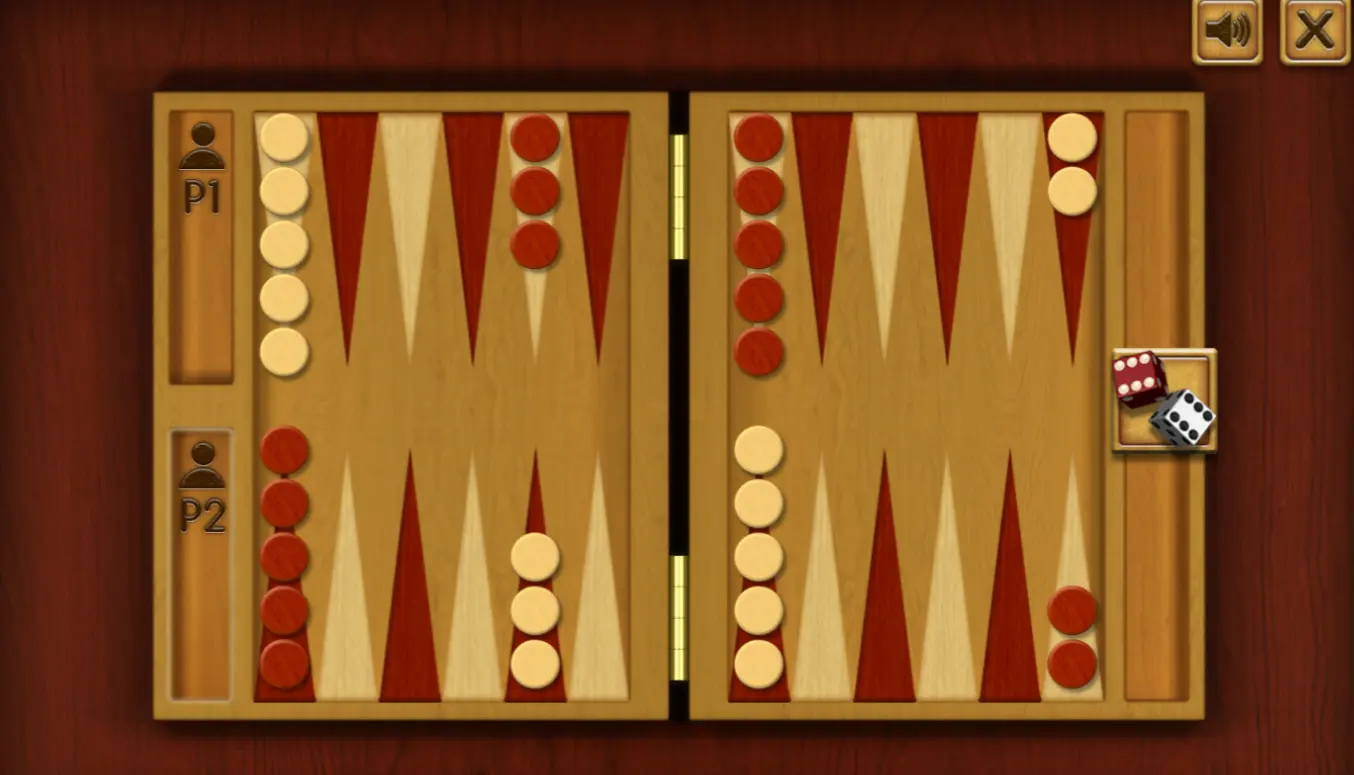 Backgammon board at the start of a game showing the standard checker arrangement